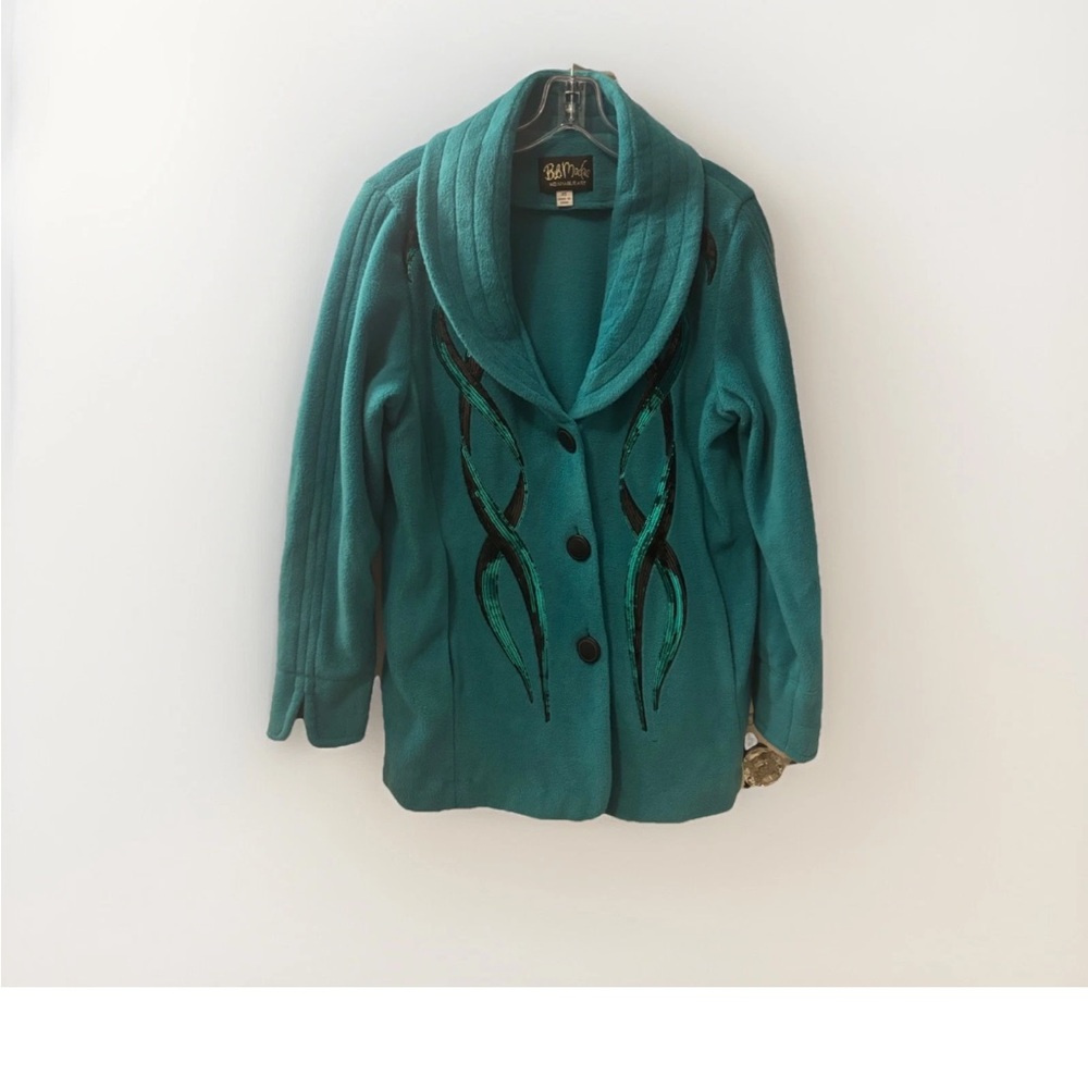 Vintage 1980s Bob Mackie Turquoise Sequin Designer Glam Shawl-Collar Jacket - Picture 2 of 4